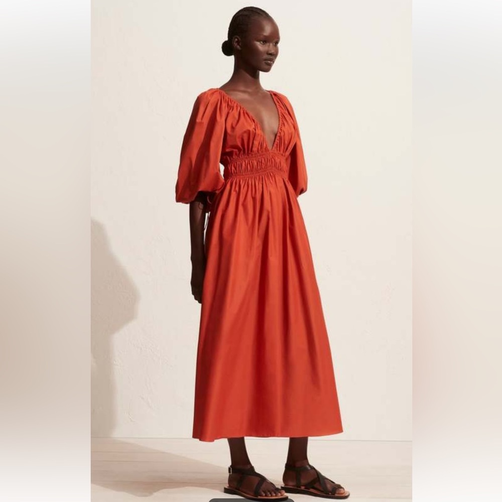NEW MATTEAU SHIRRED PLUNGE MAXI COTTON POPLIN DEEP V DRESS TERRACOTTA SIZE 4